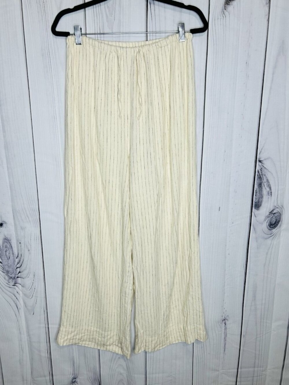 WE WORE WHAT Womens Sz M Cream Striped Drawstring Waist Wide Leg Linen Pants
